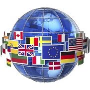 Worldwide international communication concept: cloud of colorful state flags around blue glass Earth globe isolated on white background